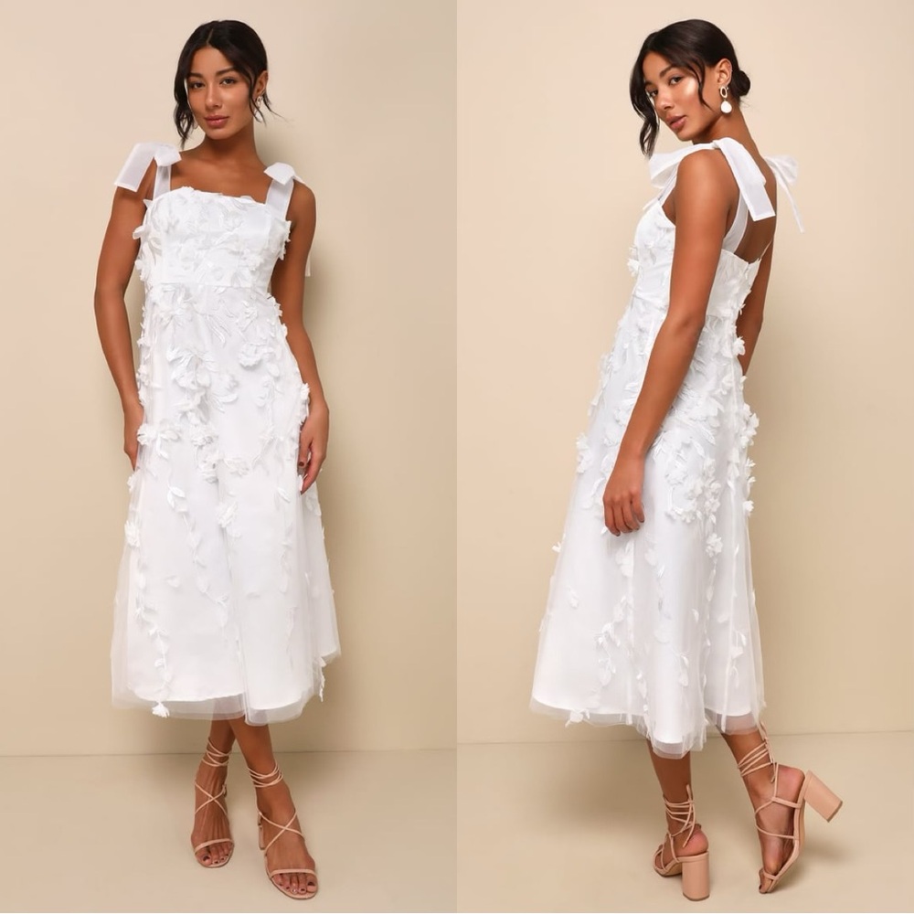 Size XL Lulus Effortlessly Sweet White Tulle 3D Floral Tie-Strap Midi Dress